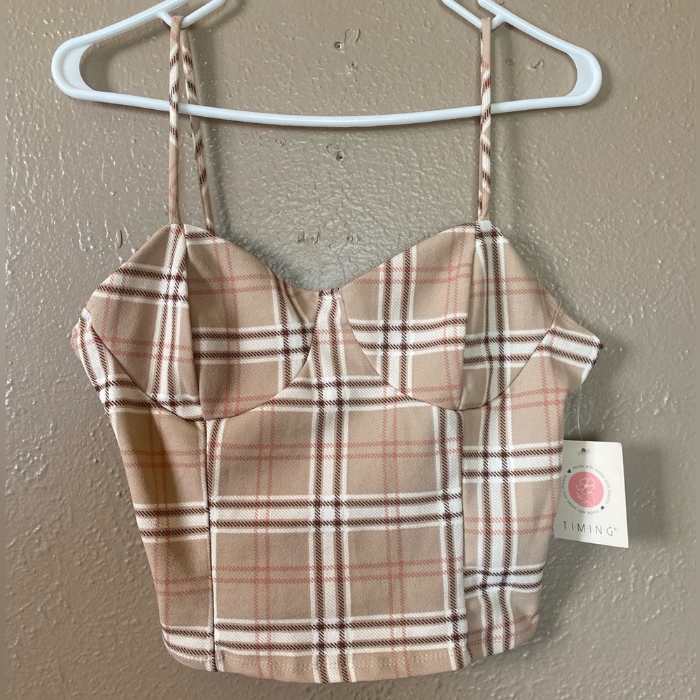 TIMING Brown Plaid Spaghetti Strap Crop Top, size L, new with tag